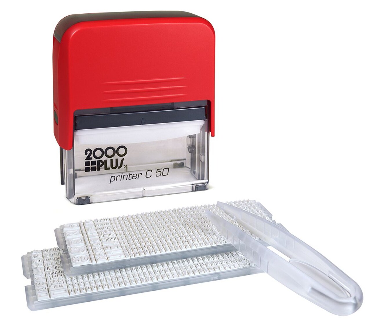 2000 PLUS Custom Heavy Duty Printer Stamp Kit, Up to 8-lines, Letters and Numbers in two sizes, Tweezers, Red/Black Ink